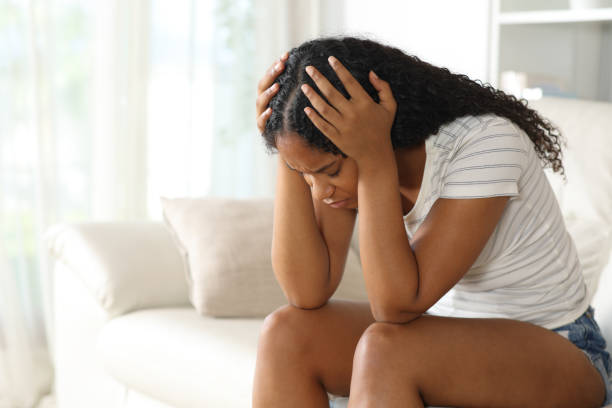 istock Sad black woman complaining alone at home 2177206854