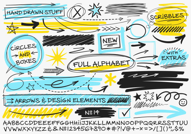 Hand Drawn Alphabet with Scribbled Design Element Hand drawn alphabet with design elements. Illustration of hand drawn arrows, frames, boxes and circles. Hand-drawn marker infographics business plan . Scribbled arrows and frames. marker font alphabet stock illustrations