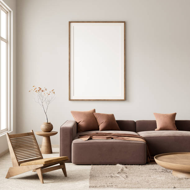 istock Mock up poster frame in boho style decorated livinig room. Modern, authentic Interior design of living room with wooden furnitures. 3D illustration 2177207842