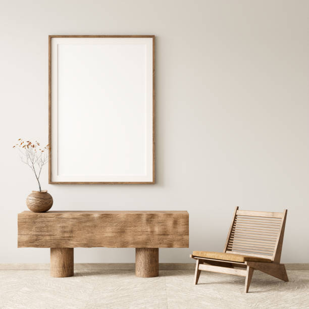 istock Mock up poster frame in boho style decorated livinig room. Modern, authentic Interior design of living room with wooden furnitures. 3D illustration 2177207877