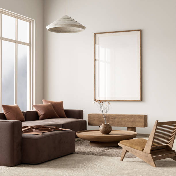 istock Mock up poster frame in boho style decorated livinig room. Modern, authentic Interior design of living room with wooden furnitures. 3D illustration 2177207910