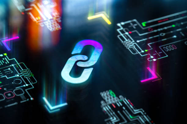 istock Chain link concept. Chain symbol on futuristic background. Productivity evolution. Futuristic chain icon in world of technological progress and innovation 2177208376