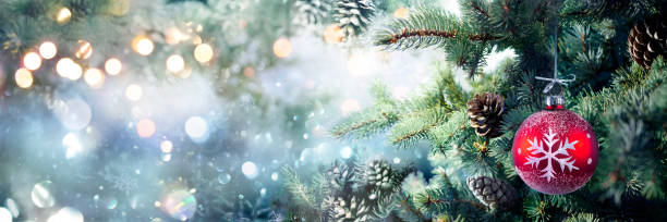 istock Christmas - Red Sphere Hanging On Fir Tree in Abstract Snowy Background 2177208734