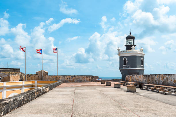 Panoramic view of the golden sunset reflecting on the water along the imposing fortress walls of Old San Juan Puerto Rico