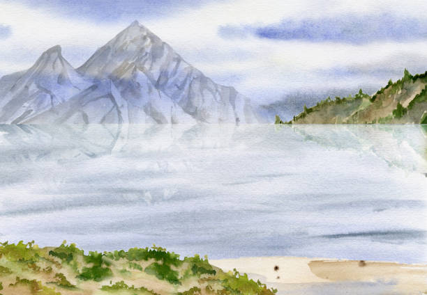 istock Scenery landscape cloudy blue sky, snowy forest mountains on horizon, sea lake ocean waves, sandy shore. Watercolor hand drawn illustration. Tourism, resort, hiking camping sites vacation, postcard. 2177211059