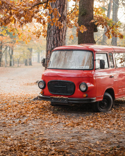 Front end three quarter view of East German minibus. Kyiv region, Ukraine - October 20 2019.