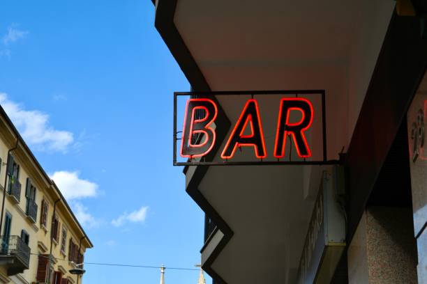 istock Red neon bar sign on blue sky in Turin 2177222152