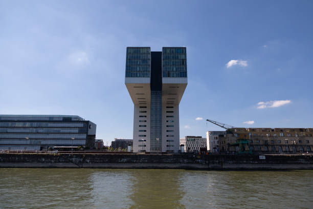 Modern curved office building with copy space.