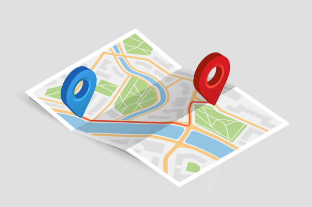 Map with GPS pin. Two red and blue pin gps marks. Navigation and direction. City map with infrastructure. Cartography and Geography. Isometric vector illustration Map with GPS pin. Two red and blue pin gps marks. Navigation and direction. City map with infrastructure. Cartography and Geography. Isometric vector illustration isolated on beige background paper road maps stock illustrations