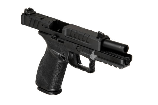 istock Modern semi-automatic pistol isolate on a white background. Armament for the army and police. Short-barreled weapon. 2177232562