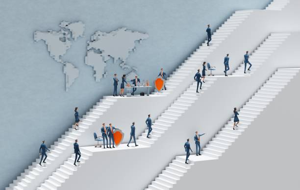istock Data Security concept, Business people with shields in an environment with white stairs representing career, business, start up, professional perspectives. 3D rendering illustration 2177233448