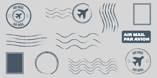 istock Post black and white simple set. Stamps and postmarks for envelopes and letters. Mail and business correspondence, communication. Cartoon flat vector illustrations isolated on white background. 2177241129