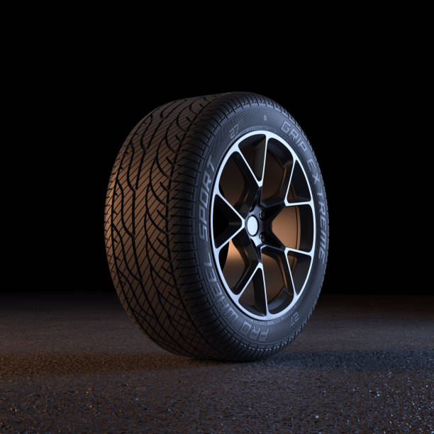 High-performance red alloy wheels are stacked with durable black tires, emphasizing modern automotive engineering. Ideal for enhancing both speed and style in sports cars. 3d render