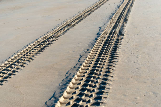 Footprints and tracks imprinted in the sand show where people and vehicles etc have traveled across the sands.