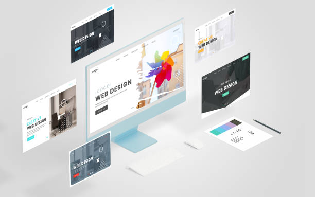 istock Display featuring a conceptual web design page with similar pages floating around, showcasing the power of a web design studio. Presented in an isometric view for dynamic visual appeal 2177250475