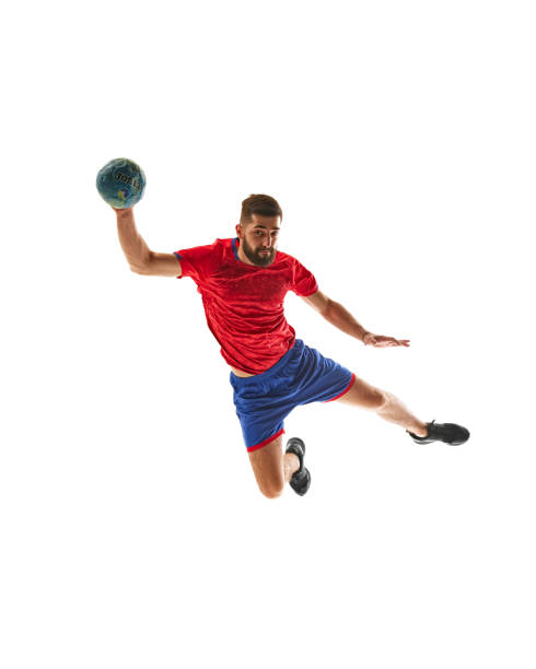 istock Full-length dynamic image of competitive young man, handball player in motion, playing with focus isolated on white background 2177255386