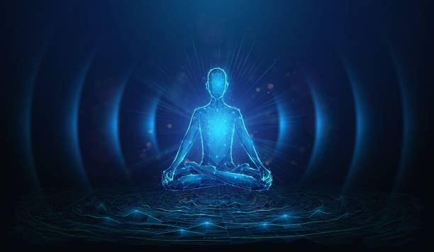 istock Abstract illustration of human figure sitting in lotus yoga pose in low poly style. Blue geometric background depicting mental health and meditation concept by wireframe connection structure 2177256366