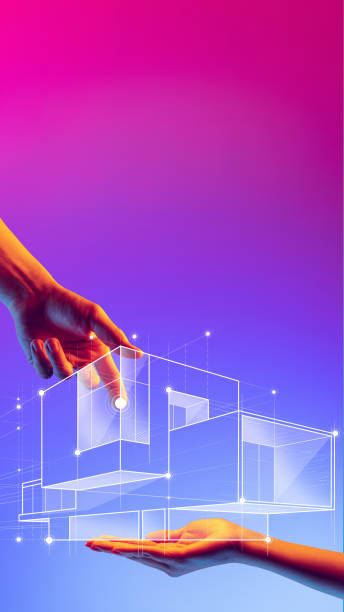 istock Two hands interacting with abstract floating house design, symbolizing teamwork in business and integration of technology in real estate innovation. Contemporary art collage. 2177258915