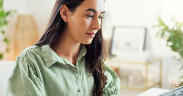 istock Business woman, office and thinking at desk with working, planning and creative work at startup. Writer, project and ideas for article with reading and journalist employee at content creation agency 2177259822