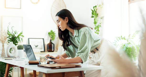 istock Business, woman or laptop with smartphone in office for multitasking, reading email or check notification. Professional, employee or digital technology at desk for proposal feedback or project review 2177259952