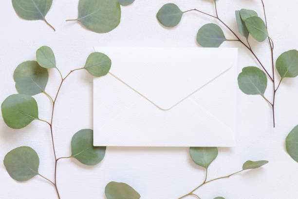 istock Envelope on a white table near green eucalyptus twigs and leaves, Wedding mockup 2177260270