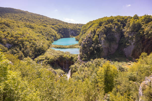 Waterfalls in Plitvice lakes national park during summer day, Croatia