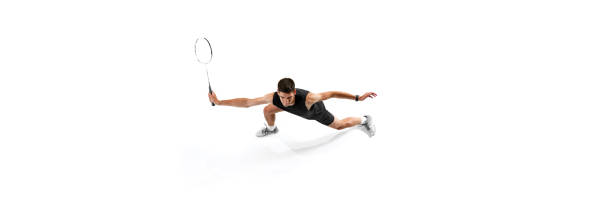 istock Intense training session. Top view on young man, badminton player in uniform in motion with racket, growing skills and focus isolated on white background 2177265679