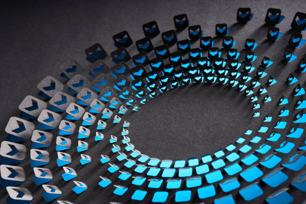 istock 3D Circular Pattern of Blue Arrow Icons Cut from Paper on Dark Background with Depth Effect 2177266089
