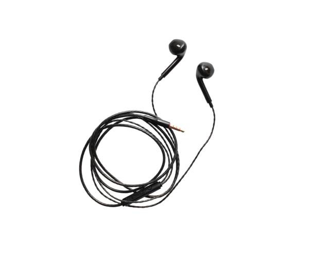 istock Black wired headphones isolated on white background. Modern gadgets for communication 2177269202
