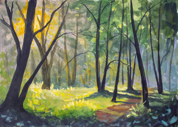 istock Sun shining through trees in lush green and yellow forest painting 2177271427
