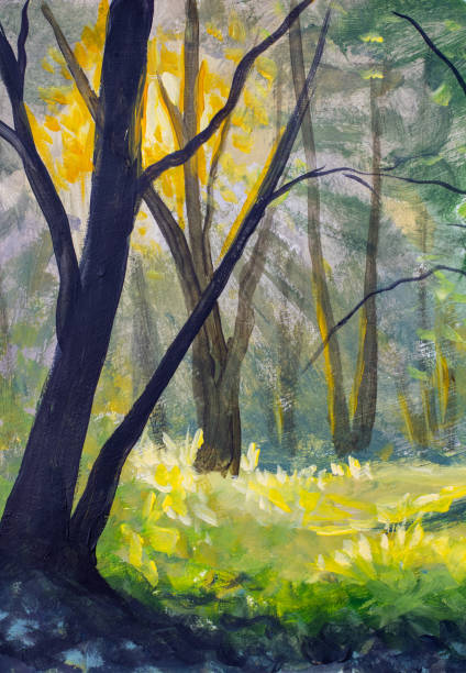 istock Sunlight shining through trees in green and yellow forest painting 2177271438