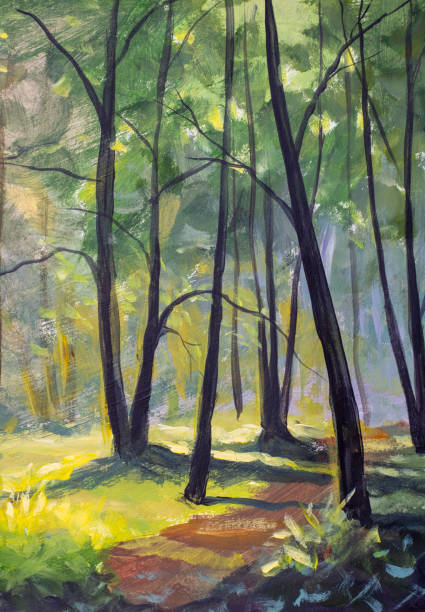 istock Sunlight shining through trees in lush green forest painting 2177271460