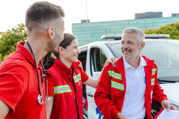 istock Emergency medical team on chatting outdoors 2177273787
