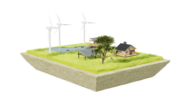 istock A sustainable eco-friendly community on a floating island. Wind turbines, solar panels, and a small wooden house with a pond and trees create a harmonious and self-sufficient environment. 3d render. 2177274868