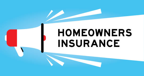 istock Color megaphone icon with word homeowners insurance in white banner on blue background 2177277299
