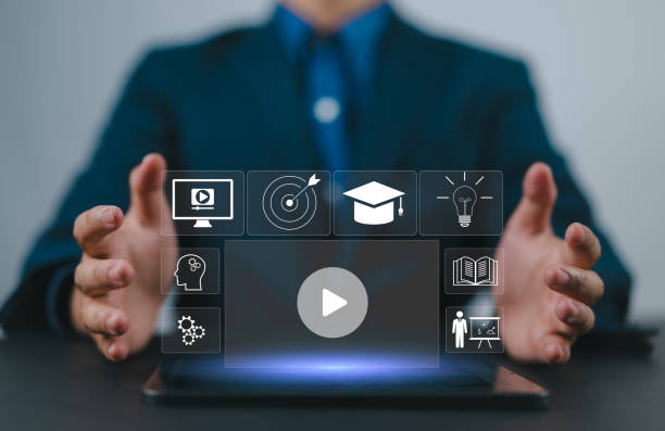 istock Person who attends online lessons on a virtual screen tablet. E-learning education, internet lessons and online webinar. Education internet Technology. 2177278956