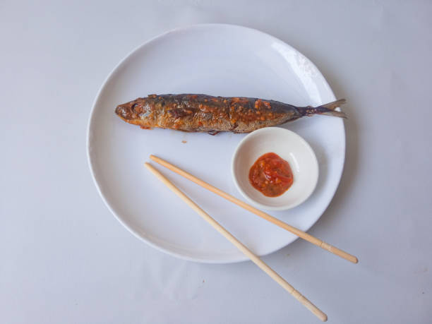 fried tuna and chili sauce on a plate isolate on white