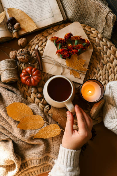 istock Cozy autumn flat lay featuring a warm drink held in hands, surrounded by fall elements such as a candle, pumpkin, twine, dried leaves, and a soft knitted sweater, evoking comfort and seasonal warmth 2177280965