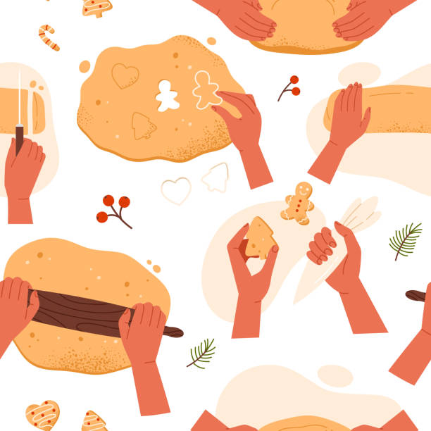 istock Seamless pattern of kneading dough hands set. Woman hands prepares homemade cookies. Top view of Christmas bakery. Instruction for baking recipe. Isolated vector illustration in cartoon style 2177283829