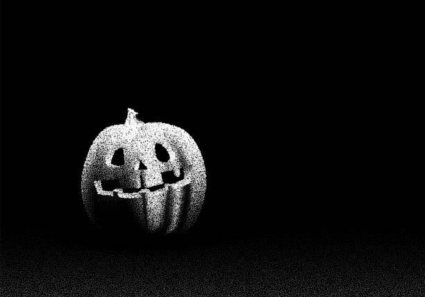 Halloween pumpkin in the dark in retro dotwork style. Mysterious Halloween Jack in vintage style