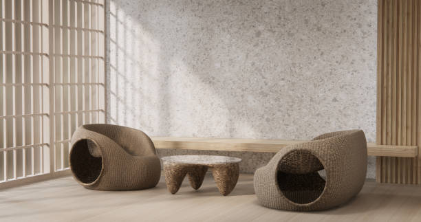istock Armchair onEmpty room wabi sabi style. 3D illustration rendering 2177291378