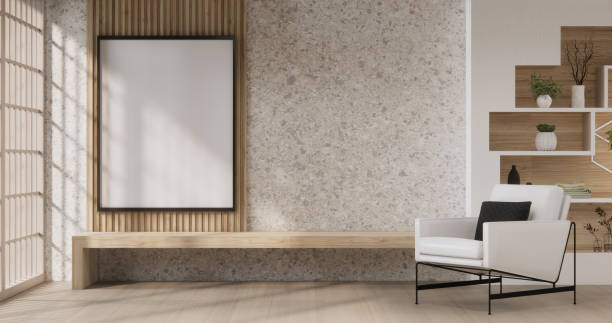 istock Armchair onEmpty room wabi sabi style. 3D illustration rendering 2177291382