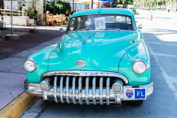Miami Beach, Florida USA - June 6, 2024: blue 1950 Buick Roadmaster . Classic retro Buick Roadmaster at miami beach
