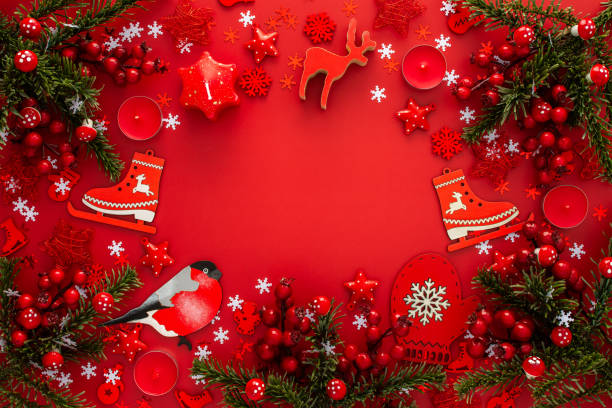 istock Red Christmas background with fir branches 2177292837