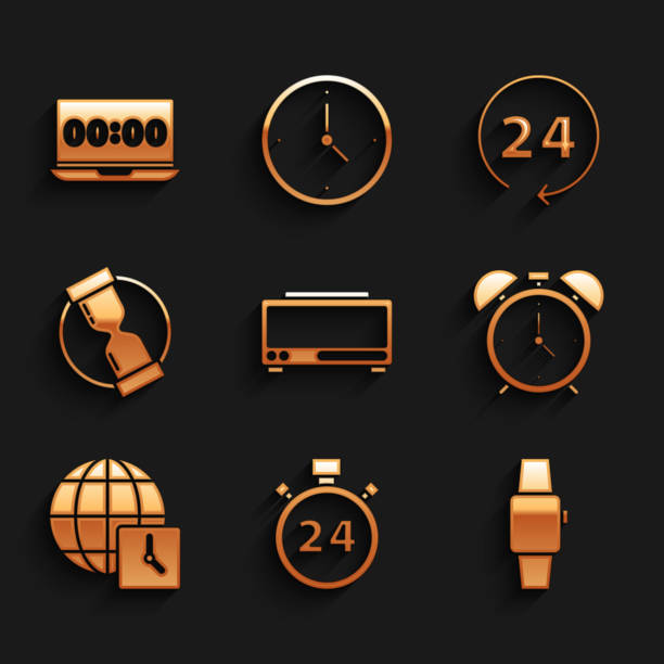 istock Set Digital alarm clock, Stopwatch 24 hours, Smartwatch, Alarm, World time, Old hourglass, Clock and on laptop icon. Vector 2177294219