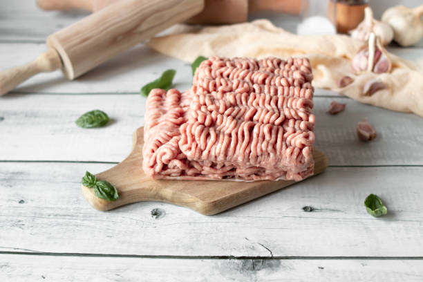 istock Raw minced meat , ingredients for cooking. on wooden background. 2177294363