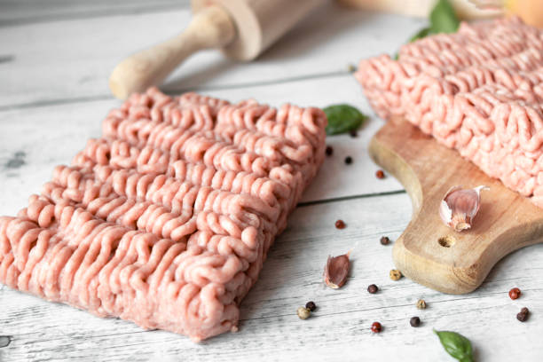 istock Raw minced meat , ingredients for cooking. on wooden background. 2177294411