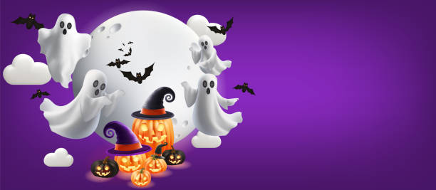 istock Halloween Sale Promotion poster template with halloween pumpkins ghosts and Spooky discount offer on dark Mesh gradient wes used 2177294946