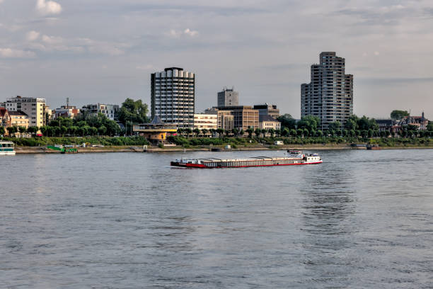 Koln, Germany - July 31, 2024: BArge traffic along the Rhine River in Cologne, Germany