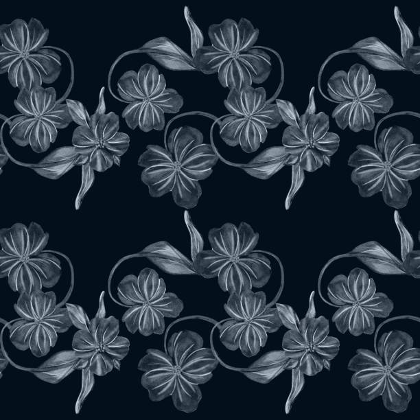 Elegant floral pattern in shades of blue on dark background, showcasing intricate design A detailed floral pattern showcases blue flowers and leaves on a dark background. shades of blue stock illustrations